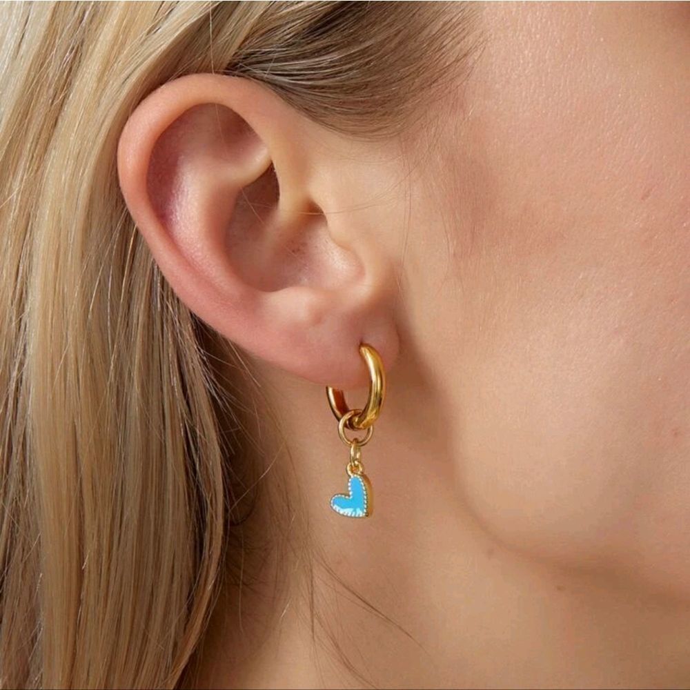 Gold Hoops Dangling Heart Drop Huggie Earrings - Picture 4 of 5